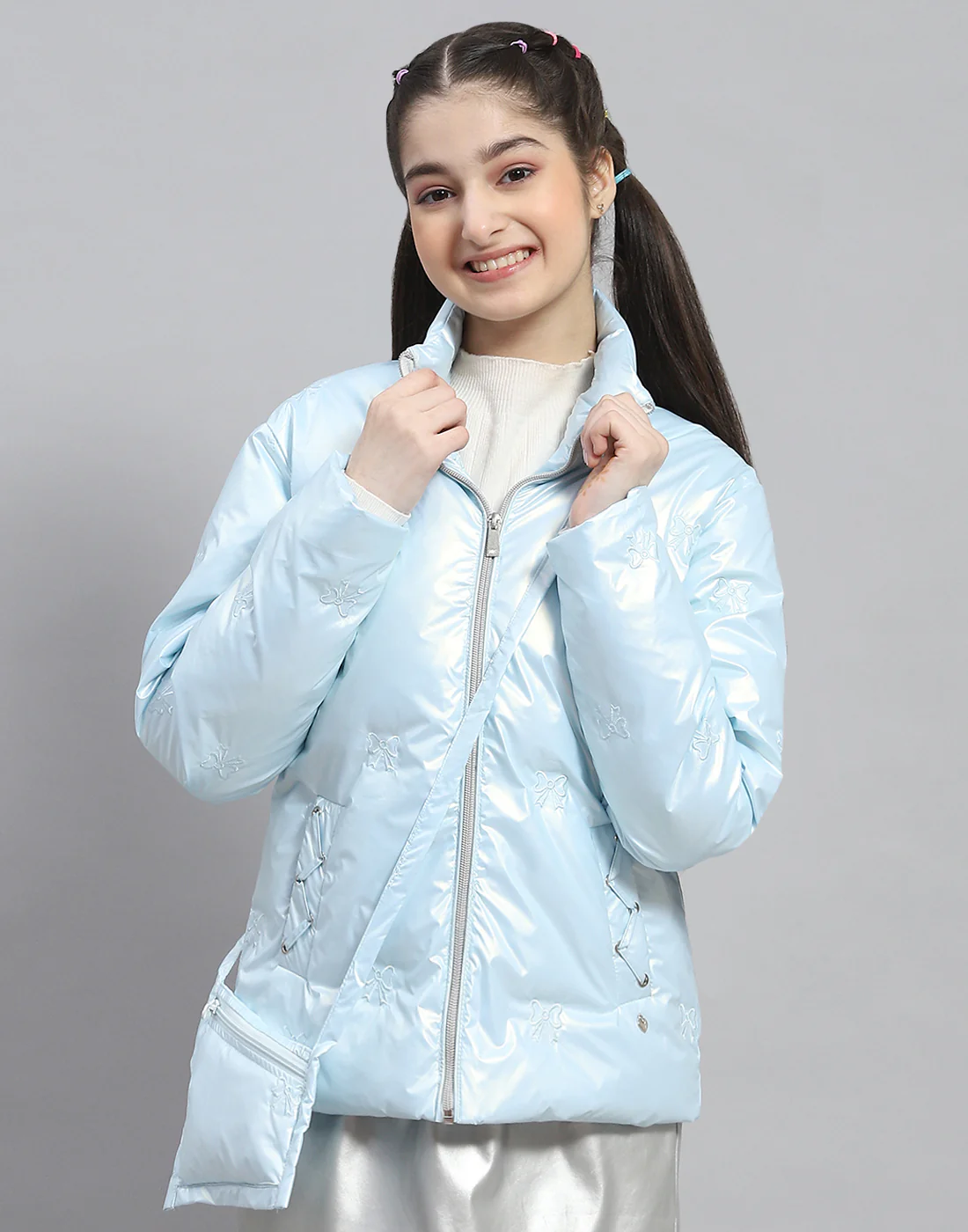 Girls Blue Embroidered Stand Collar Full Sleeve Girls Jacket - Image 2