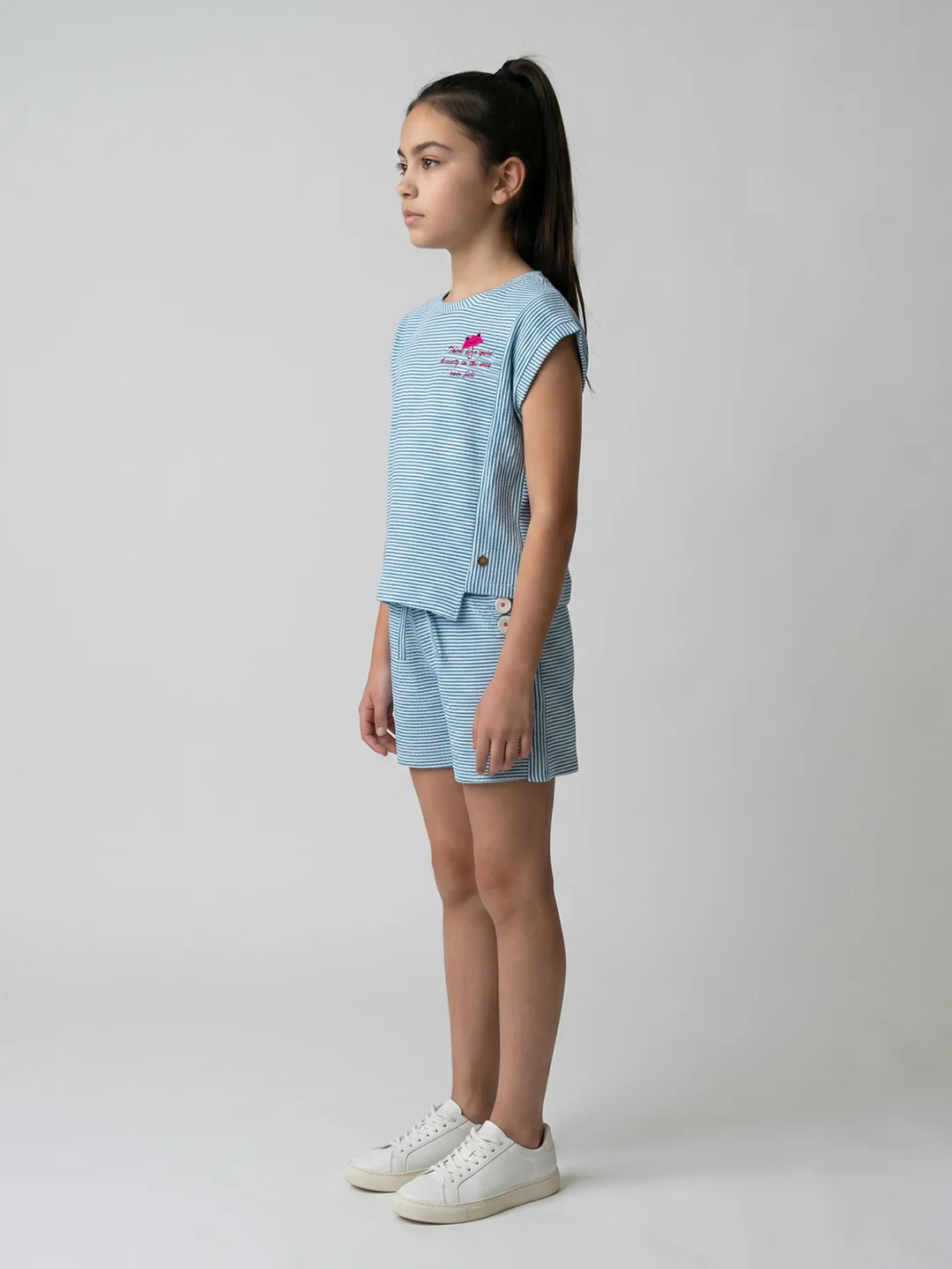 Girls Blue Jacquard Round Neck Half Sleeve Cords Set - Image 3