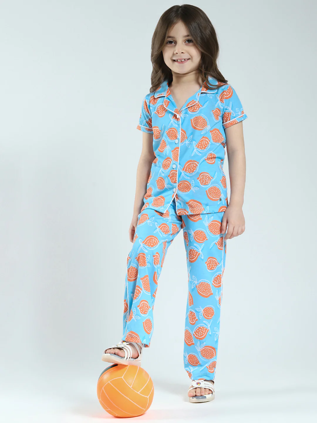Girls Blue Printed Collar Half Sleeve Lower Set - Image 2