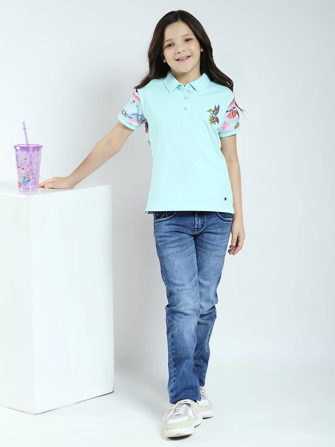 Girls Blue Printed Collar Half Sleeve T-Shirt - Image 2