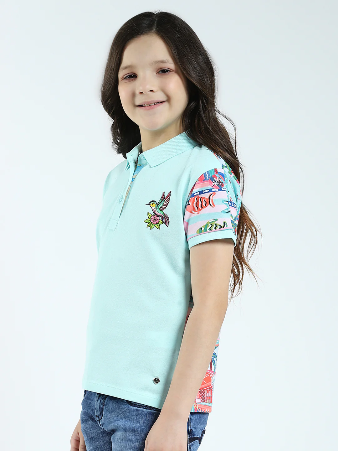 Girls Blue Printed Collar Half Sleeve T-Shirt - Image 3