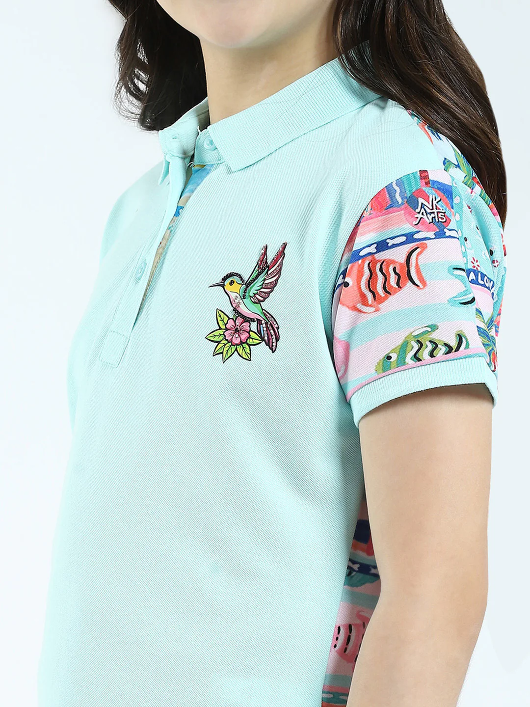 Girls Blue Printed Collar Half Sleeve T-Shirt - Image 6