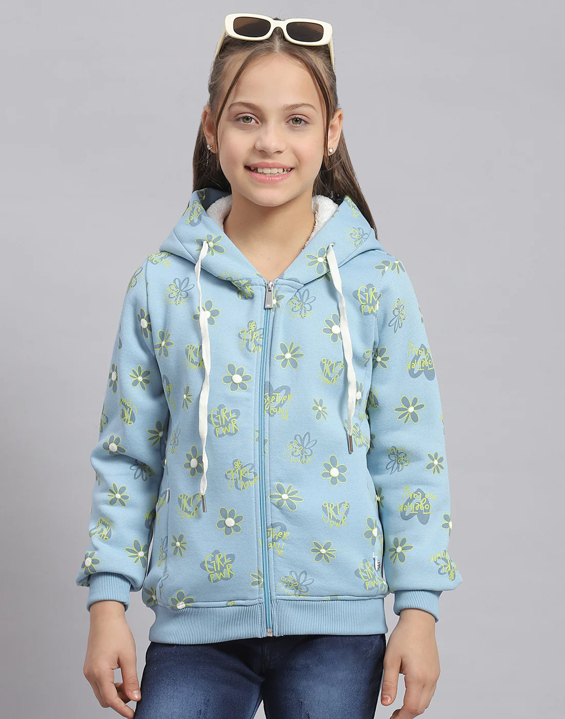 Girls Blue Printed Hooded Full Sleeve Sweatshirt - Image 2