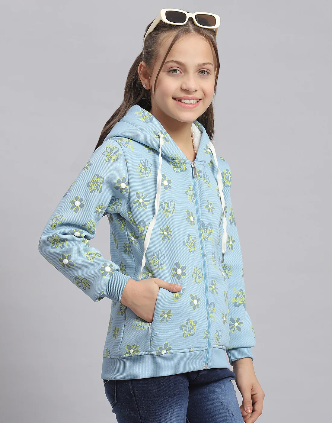 Girls Blue Printed Hooded Full Sleeve Sweatshirt - Image 4