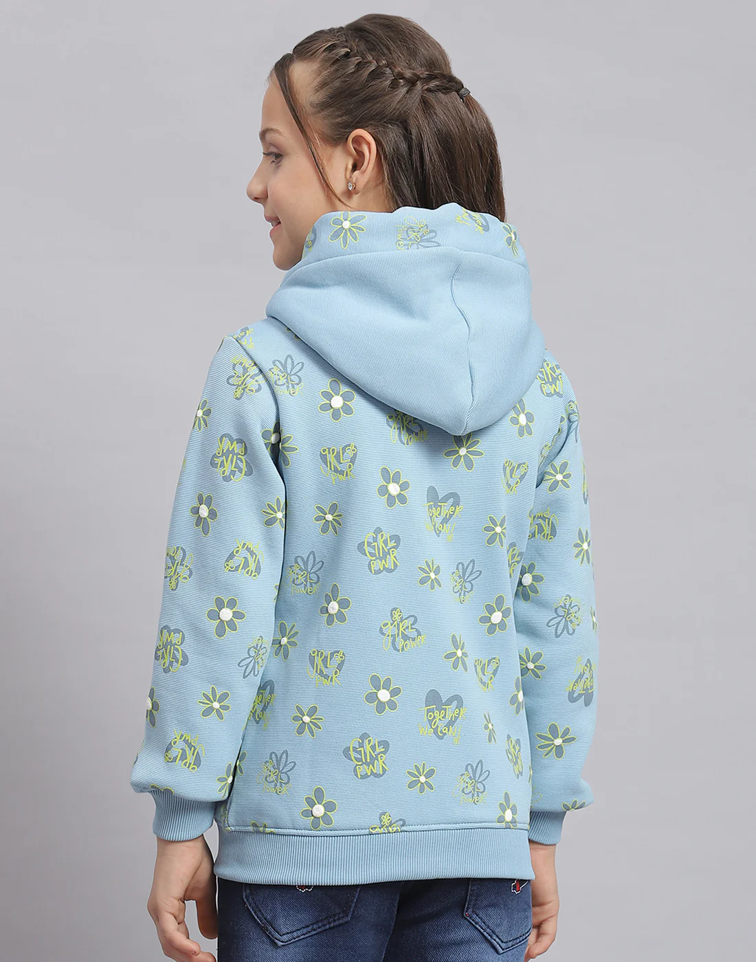 Girls Blue Printed Hooded Full Sleeve Sweatshirt - Image 6