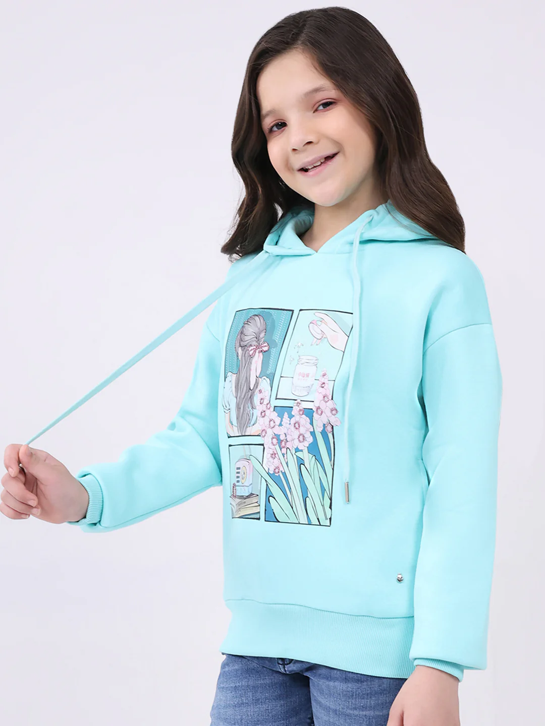 Girls Blue Printed Hooded Full Sleeve Sweatshirt - Image 3
