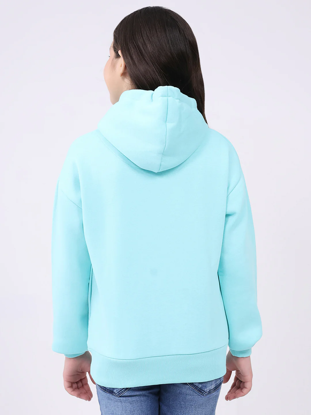 Girls Blue Printed Hooded Full Sleeve Sweatshirt - Image 5