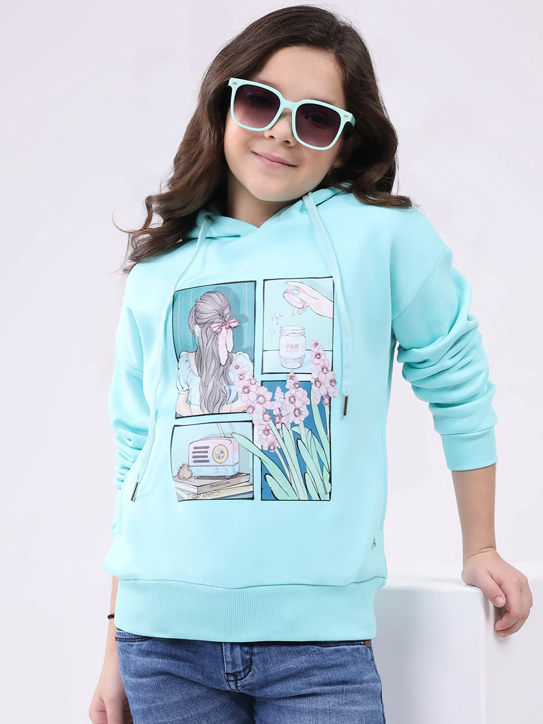 Girls Blue Printed Hooded Full Sleeve Sweatshirt - Image 6