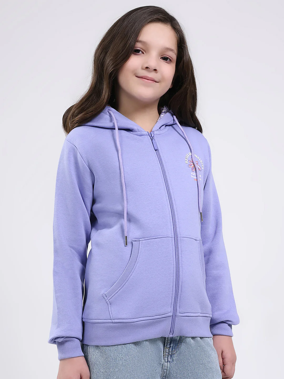 Girls Blue Printed Hooded Full Sleeve Sweatshirt - Image 4