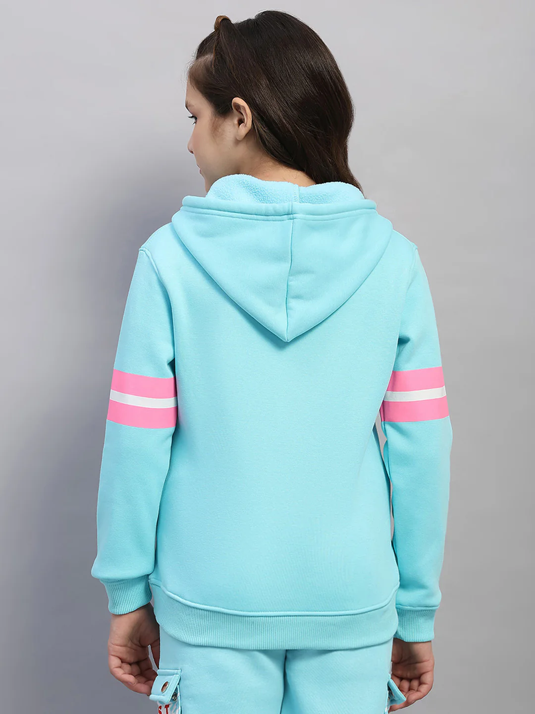 Girls Blue Printed Hooded Full Sleeve Sweatshirt - Image 5