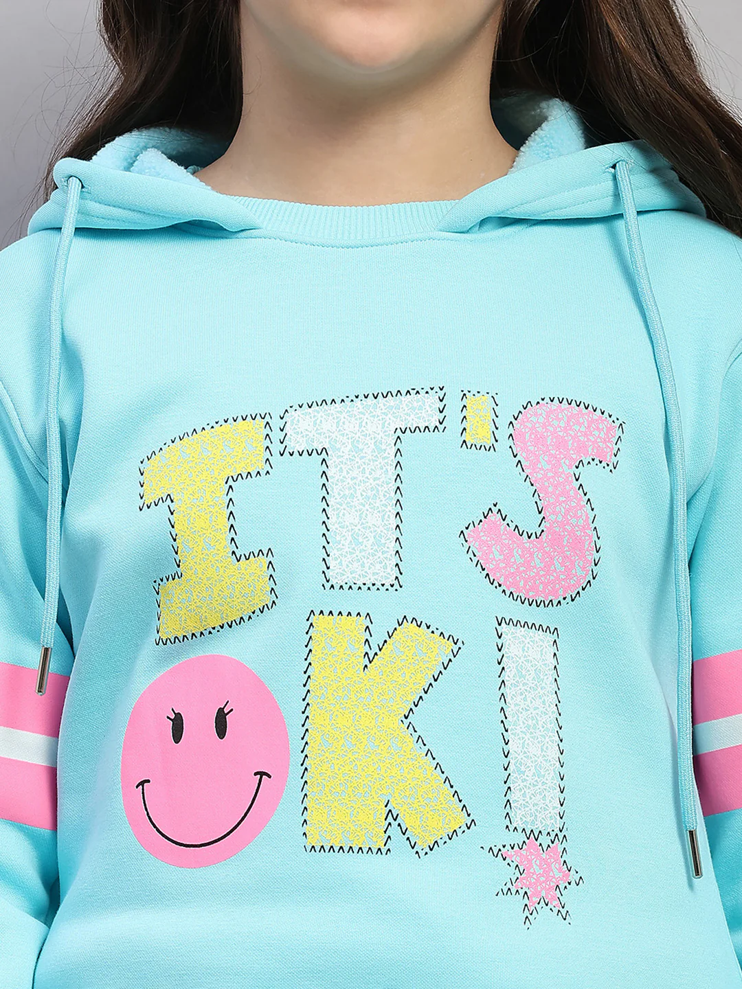 Girls Blue Printed Hooded Full Sleeve Sweatshirt - Image 7