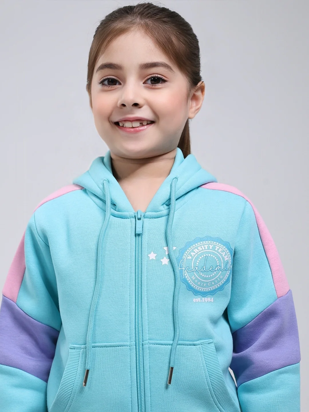 Girls Blue Printed Hooded Full Sleeve Tracksuit - Image 7