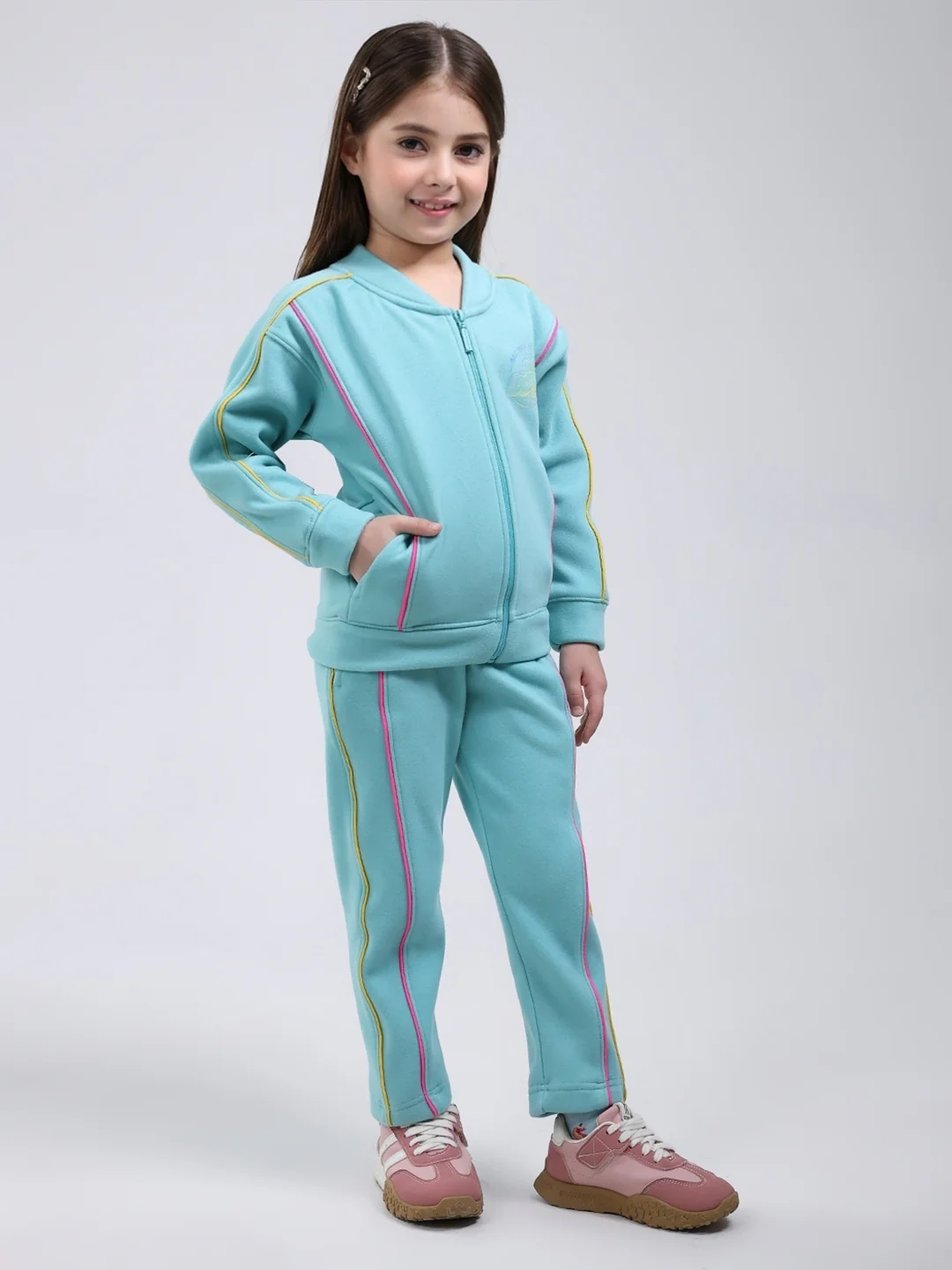 Girls Blue Printed Mock Neck Full Sleeve Tracksuit - Image 4