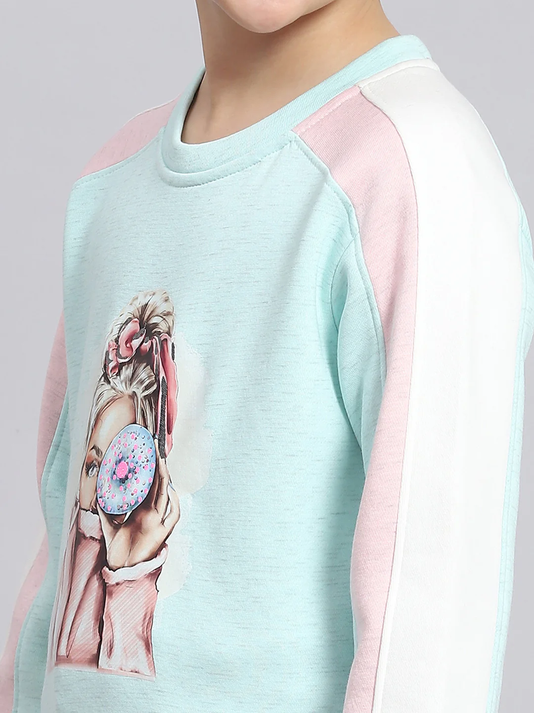 Girls Blue Printed Round Neck Full Sleeve Sweatshirt - Image 6