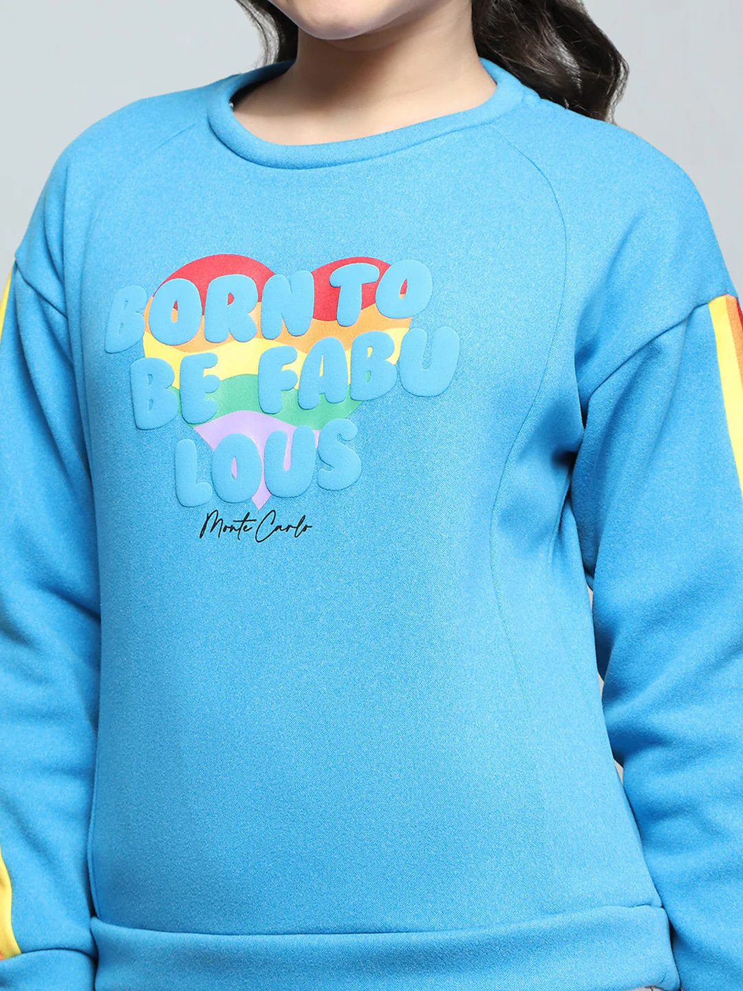Girls Blue Printed Round Neck Full Sleeve Sweatshirt - Image 8