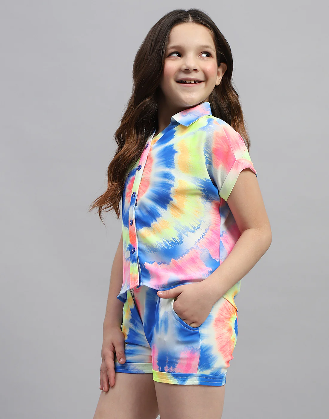 Girls Blue Printed Round Neck Half Sleeve Cords Set - Image 3