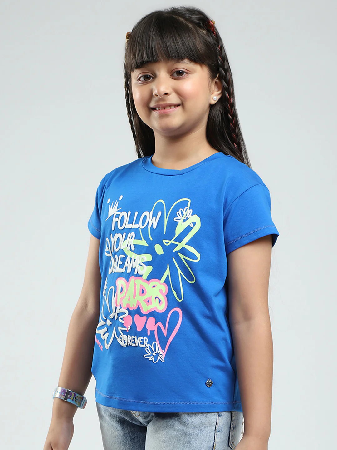 Girls Blue Printed Round Neck Half Sleeve Top - Image 3