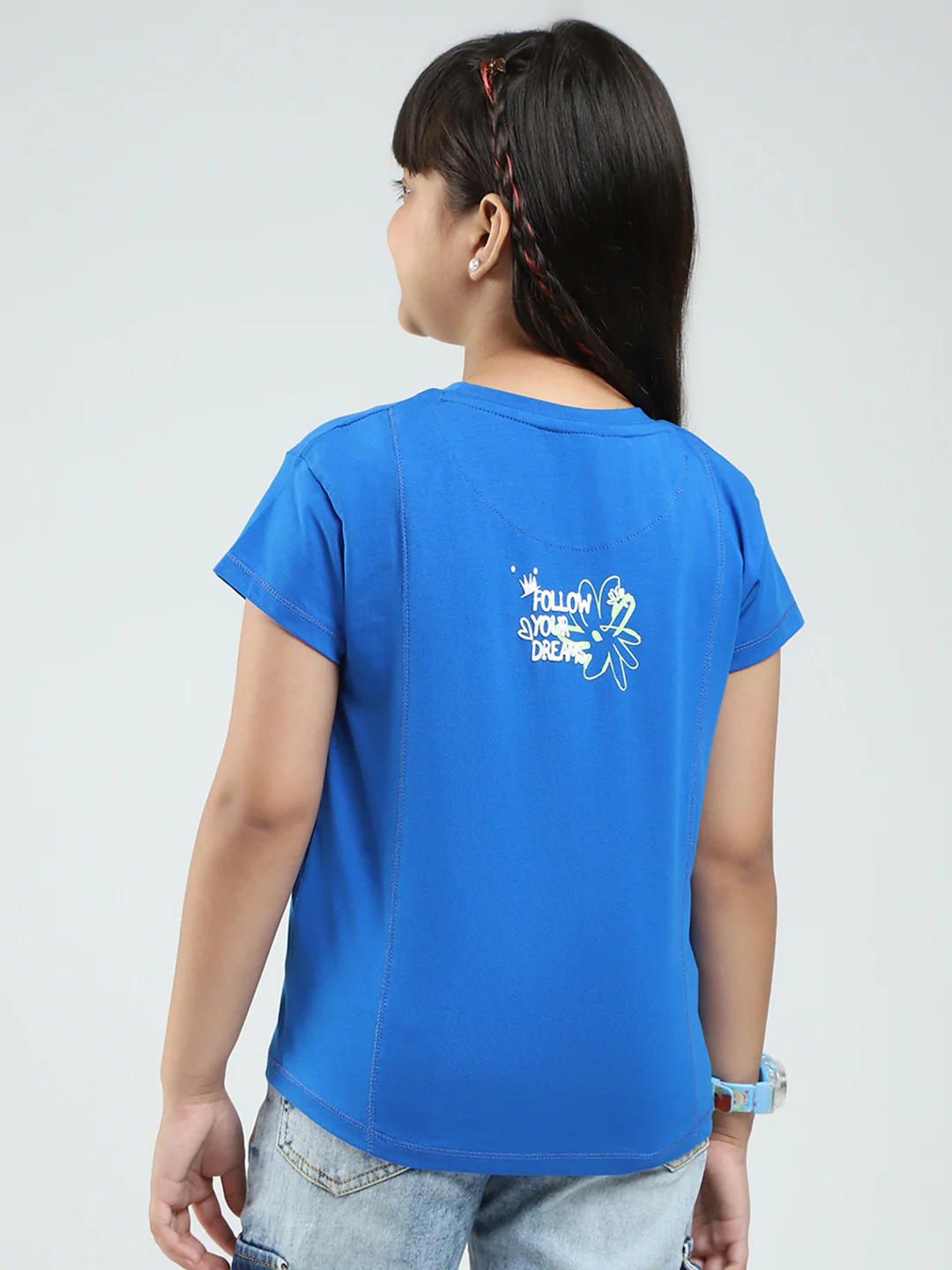 Girls Blue Printed Round Neck Half Sleeve Top - Image 5