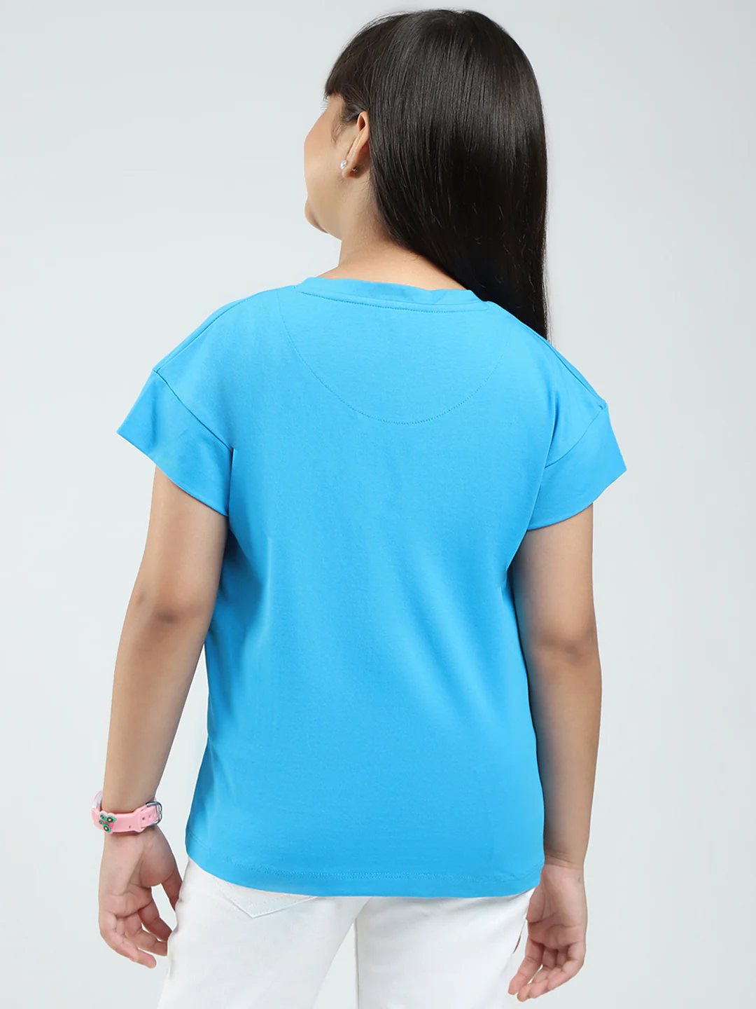 Girls Blue Printed Round Neck Half Sleeve Top - Image 5