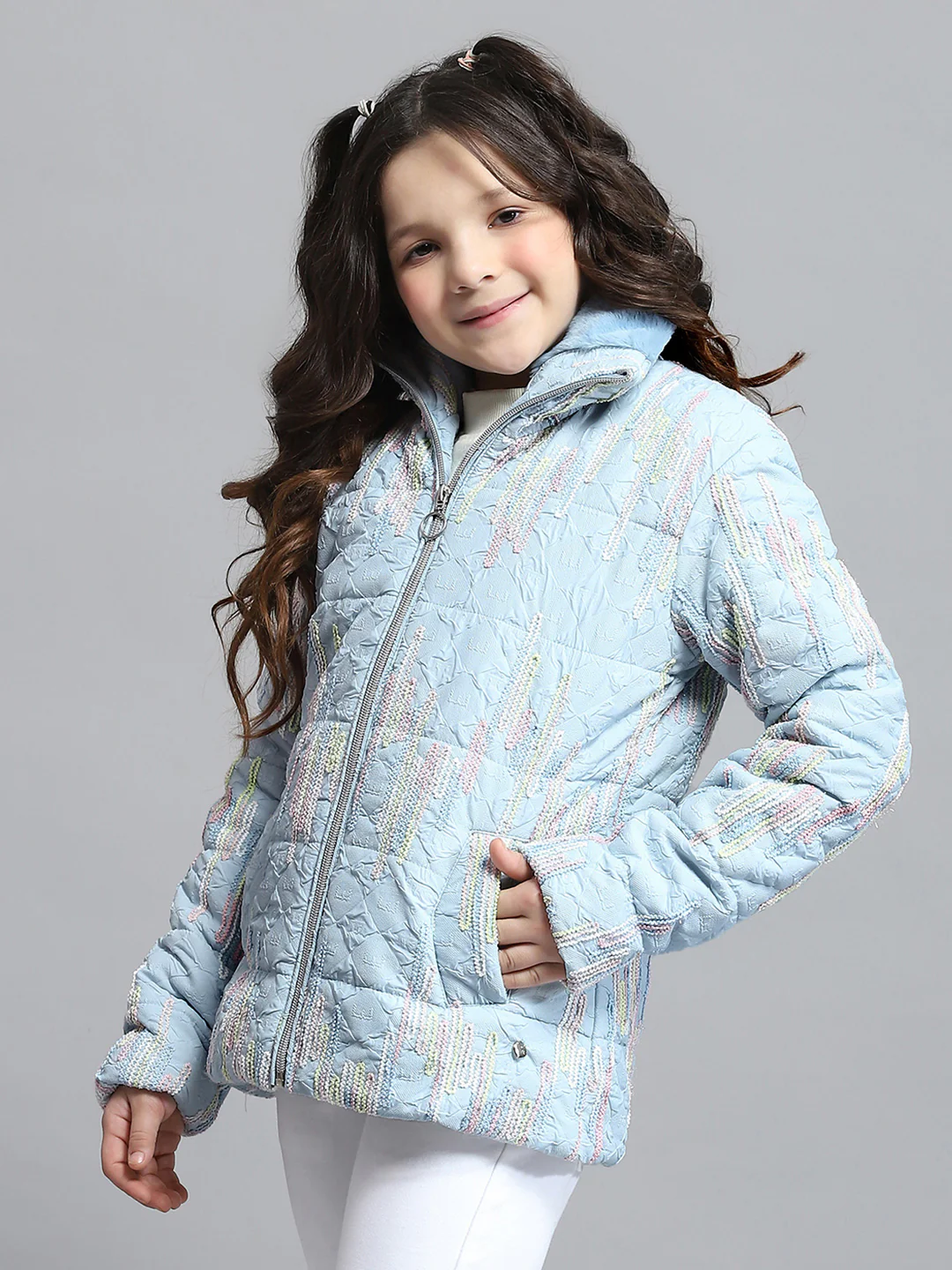 Girls Blue Self Design Collar Full Sleeve Jacket - Image 3
