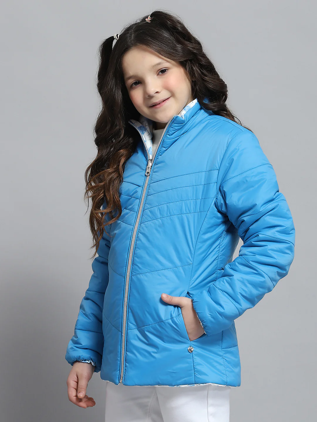 Girls Blue Self Design Collar Full Sleeve Reversible Jacket - Image 3