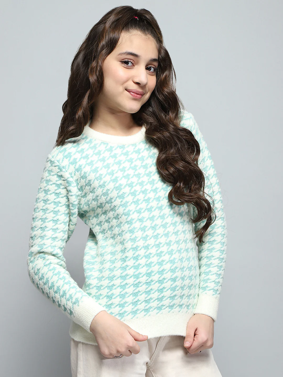 Girls Blue Self Design Round Neck Full Sleeve Winter Top - Image 4