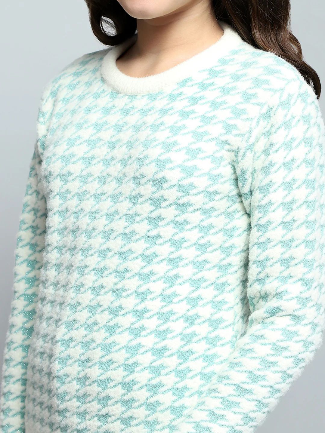Girls Blue Self Design Round Neck Full Sleeve Winter Top - Image 7