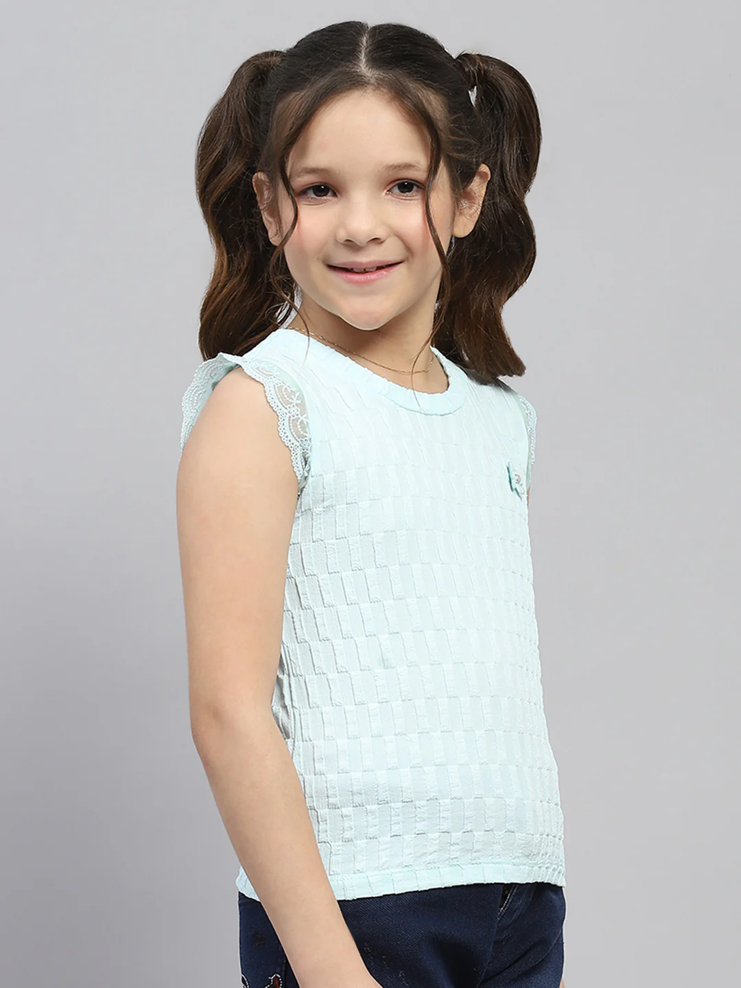 Girls Blue Self Design Round Neck Sleeveless Top - Image 4