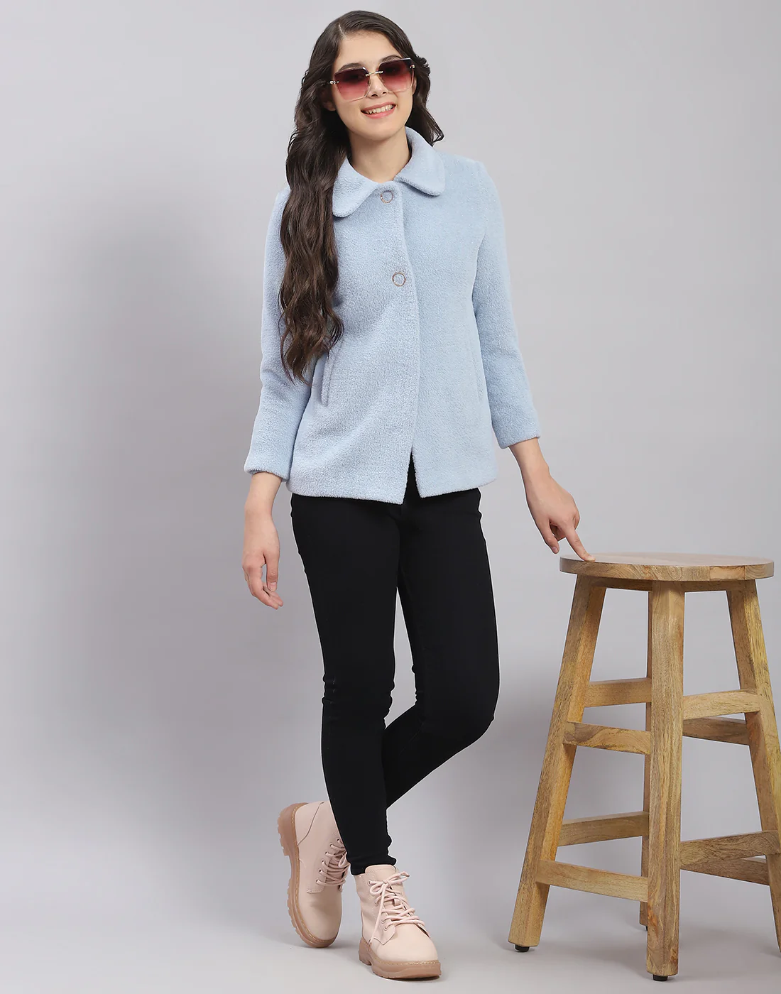 Girls Blue Solid Collar Full Sleeve Coat - Image 2