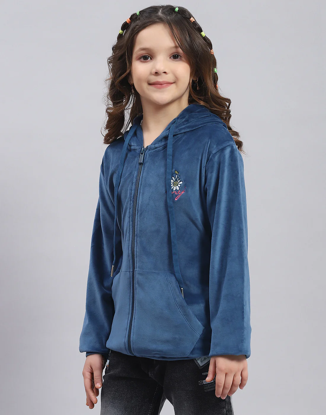 Girls Blue Solid Hooded Full Sleeve Sweatshirt - Image 3