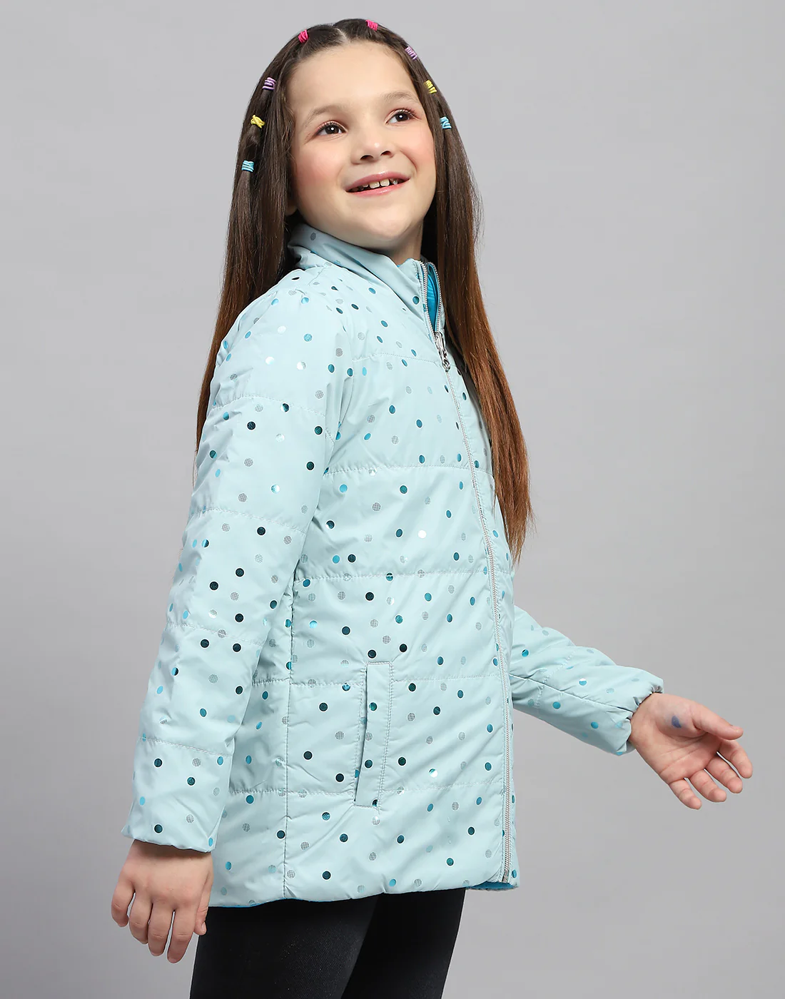 Girls Blue Solid Mock Neck Full Sleeve Jacket - Image 4