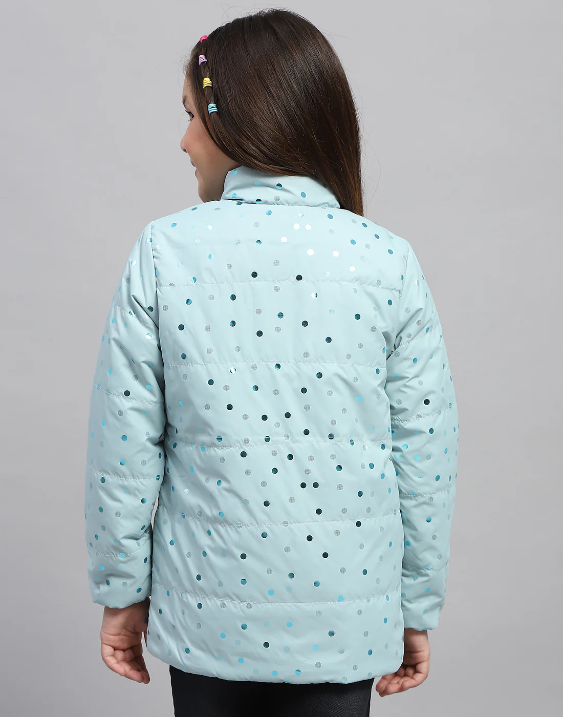 Girls Blue Solid Mock Neck Full Sleeve Jacket - Image 5
