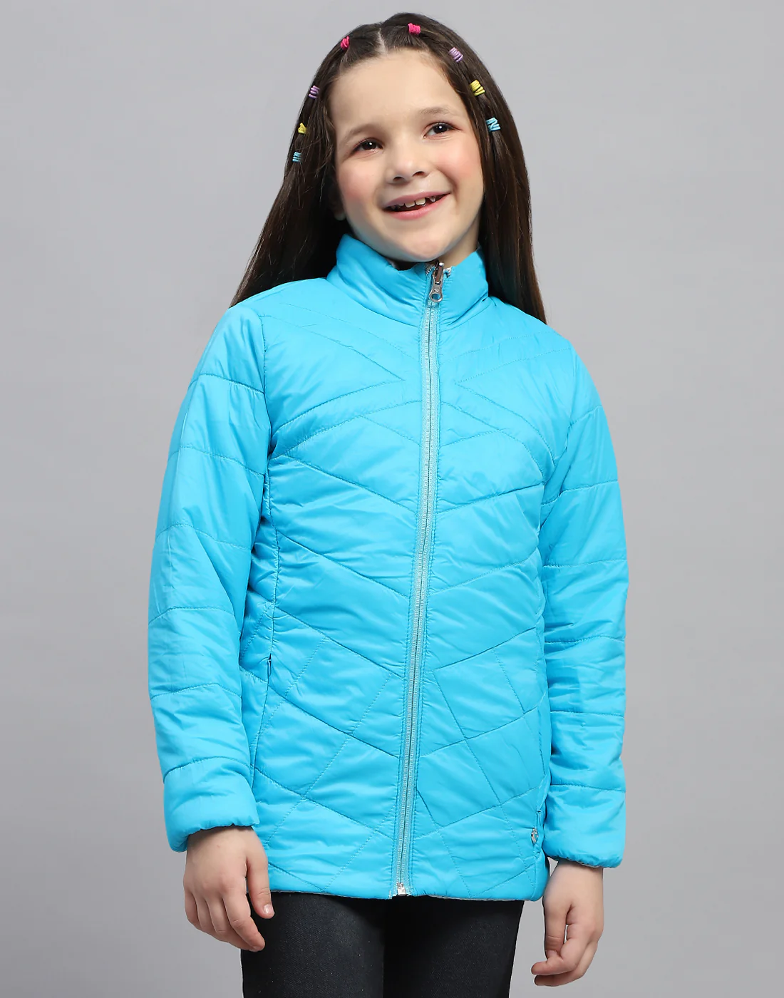 Girls Blue Solid Mock Neck Full Sleeve Jacket - Image 7