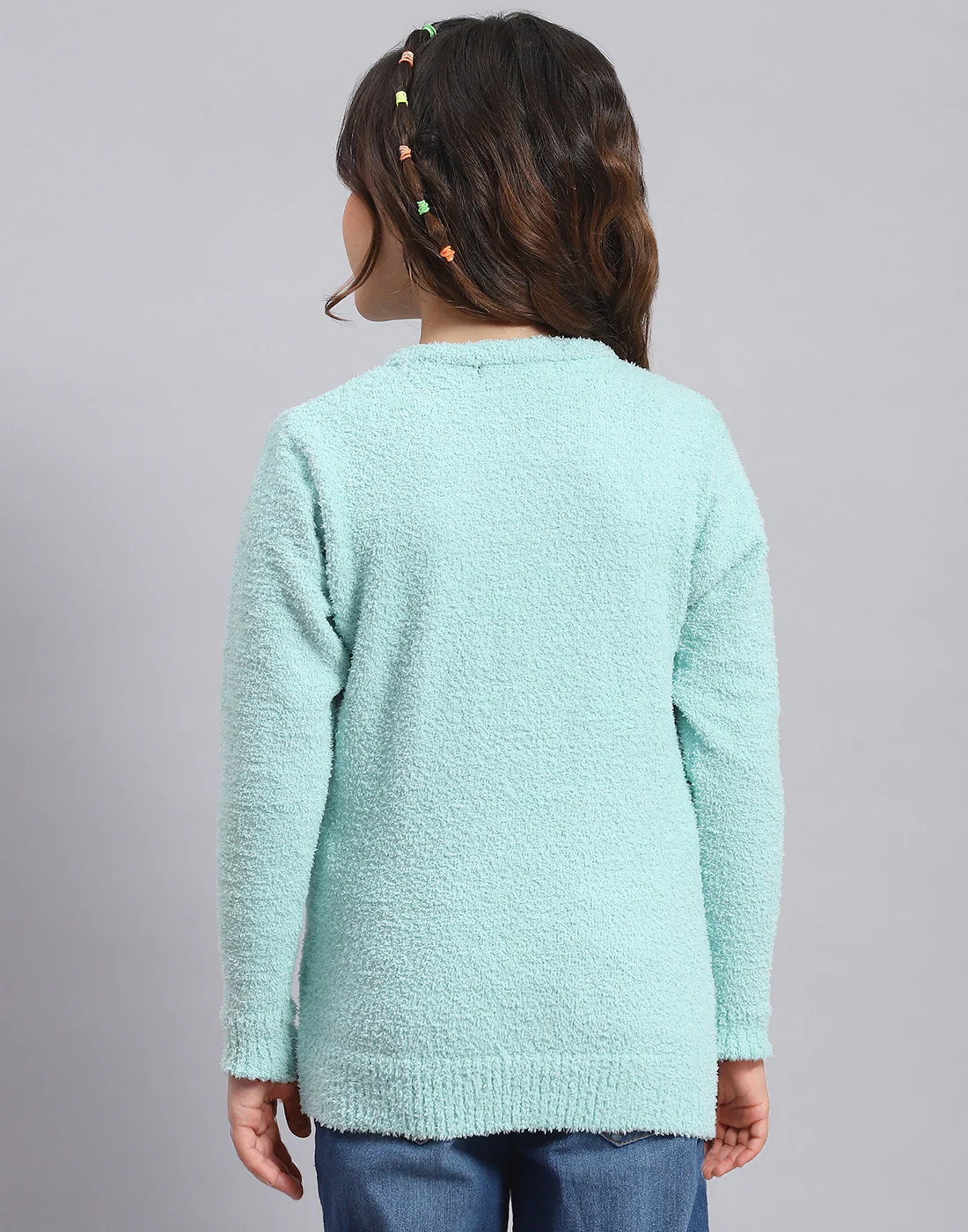 Girls Blue Solid Round Neck Full Sleeve Sweater - Image 5