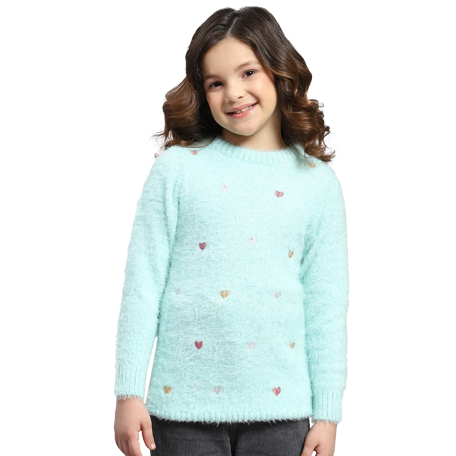 Girls Blue Solid Round Neck Full Sleeve Sweatshirt - Image 5