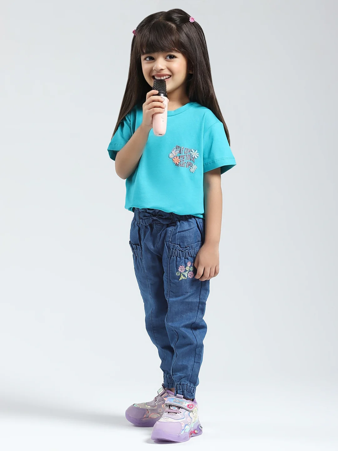 Girls Blue Solid Round Neck Half Sleeve Top - Image 2
