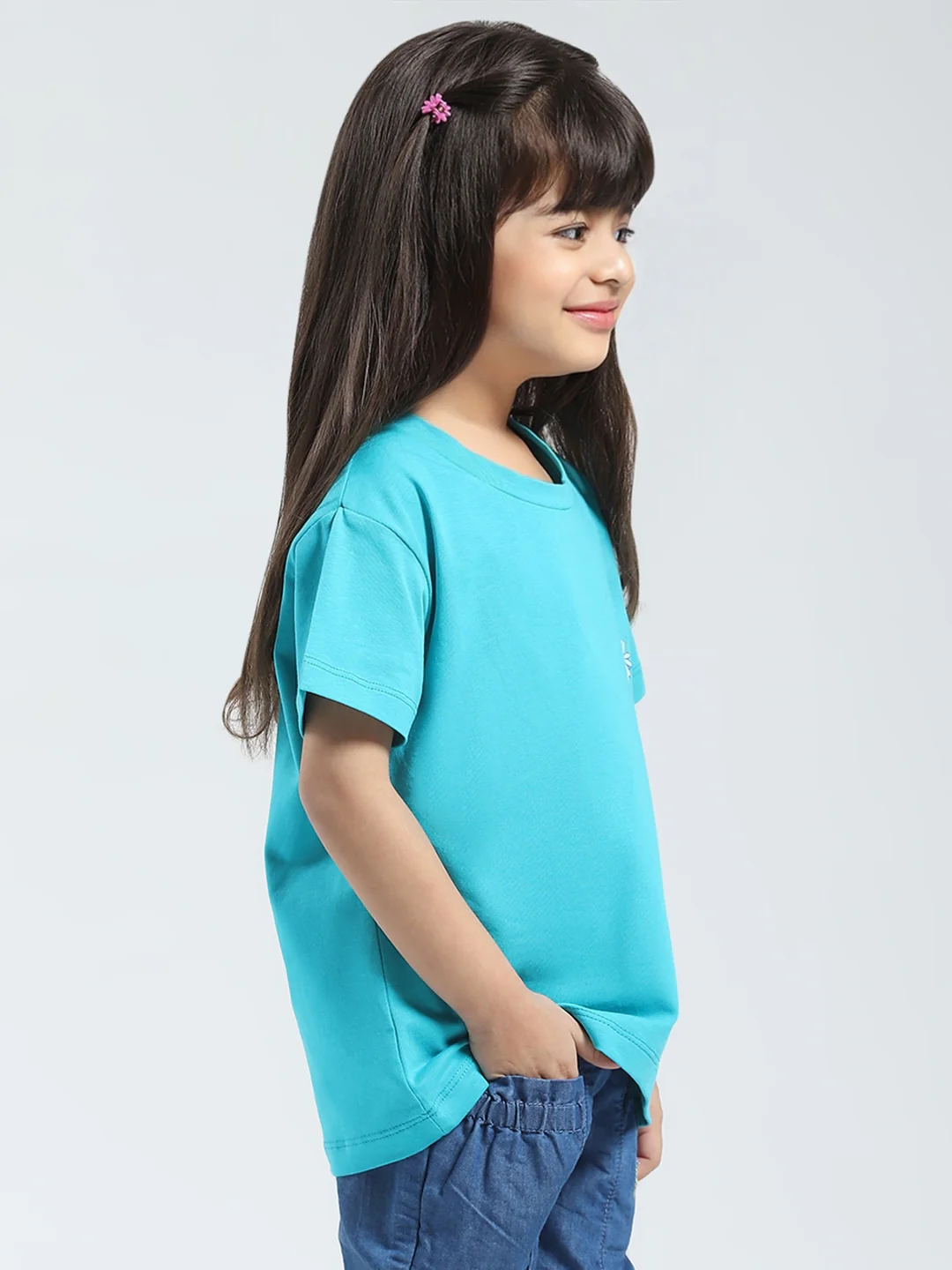 Girls Blue Solid Round Neck Half Sleeve Top - Image 4