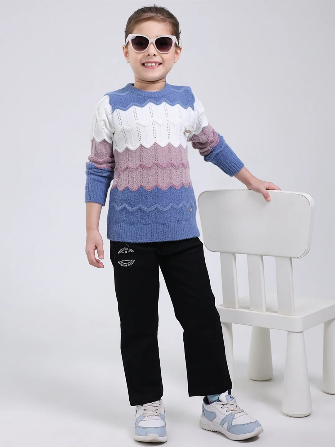 Girls Blue Stripe Round Neck Full Sleeve Pullover - Image 2
