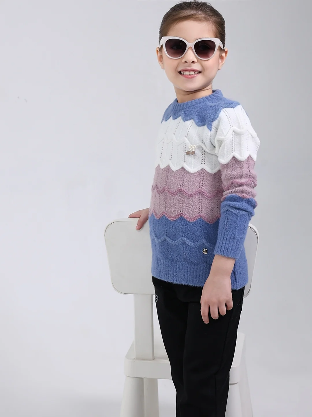 Girls Blue Stripe Round Neck Full Sleeve Pullover - Image 6