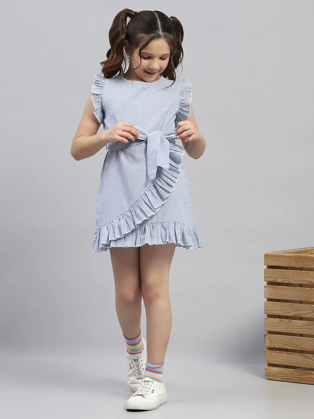 Girls Blue Stripe Round Neck Sleeveless Dress - Image 2