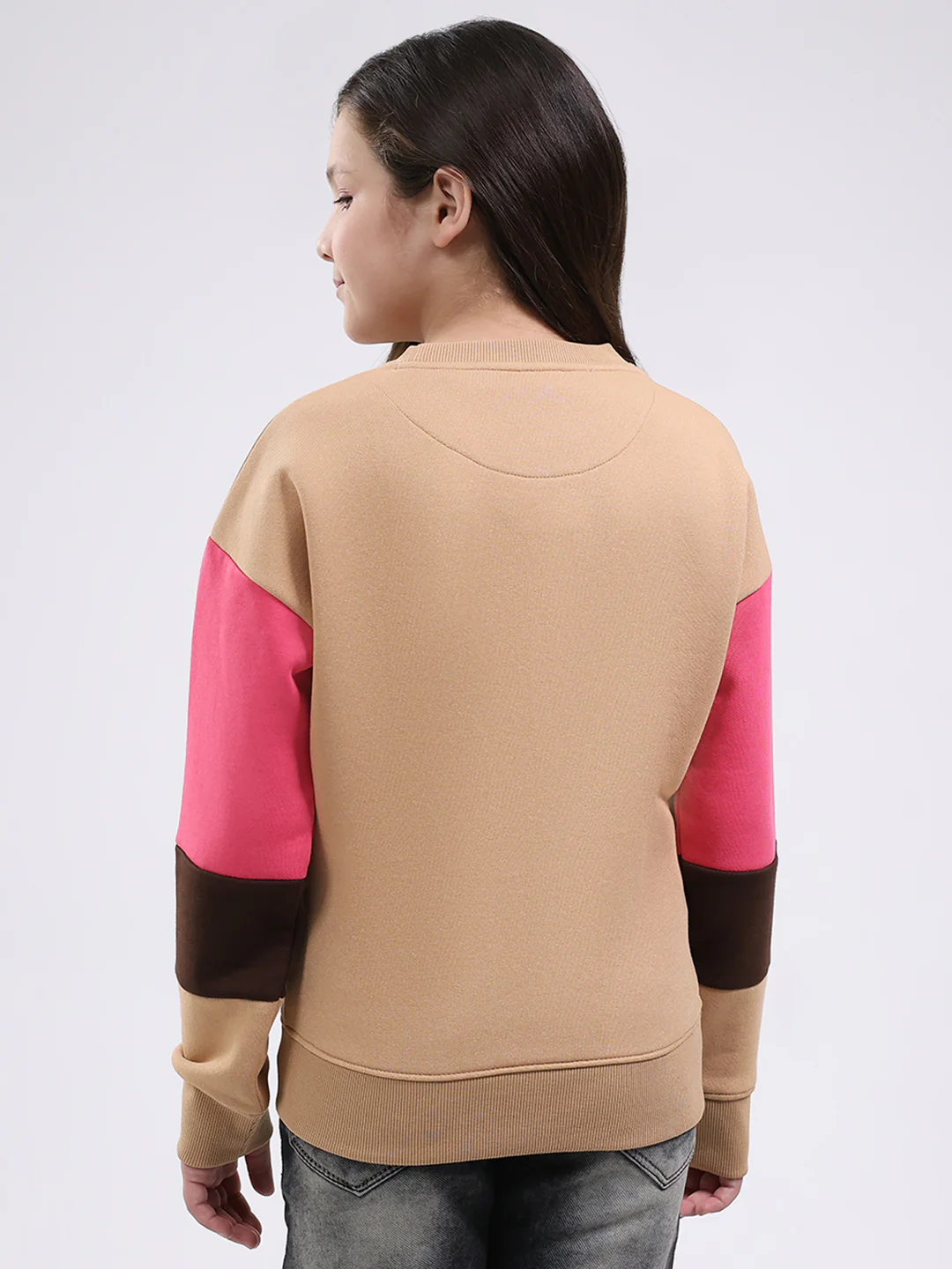 Girls Brown Printed Round Neck Full Sleeve Sweatshirt - Image 5