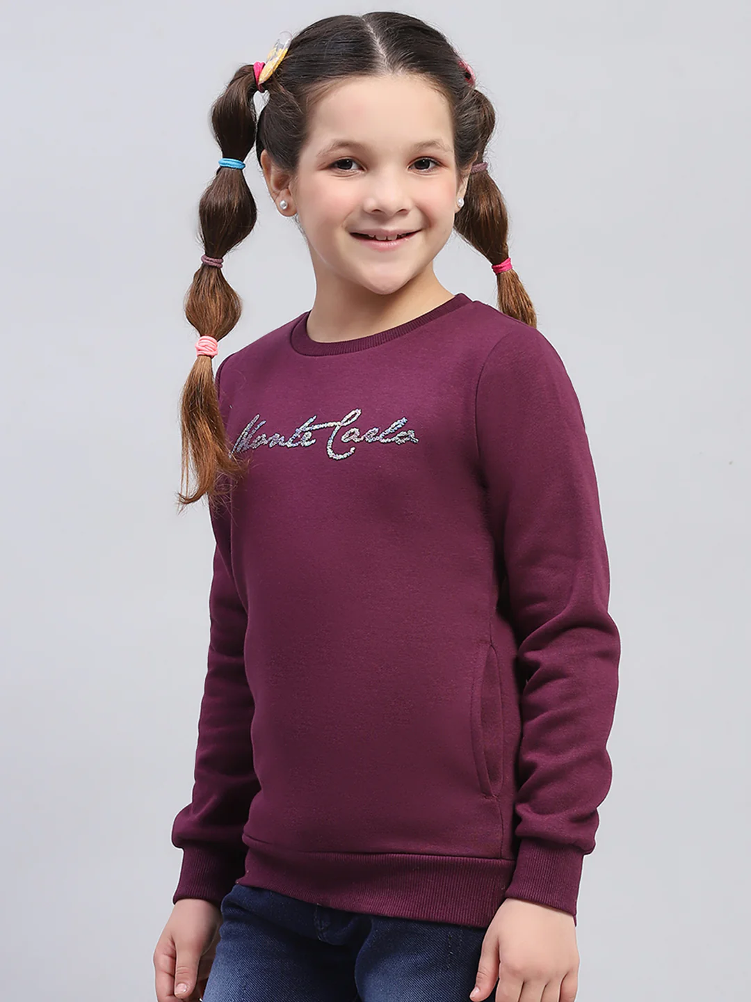 Girls Burgundy Printed Round Neck Full Sleeve Sweatshirt - Image 3