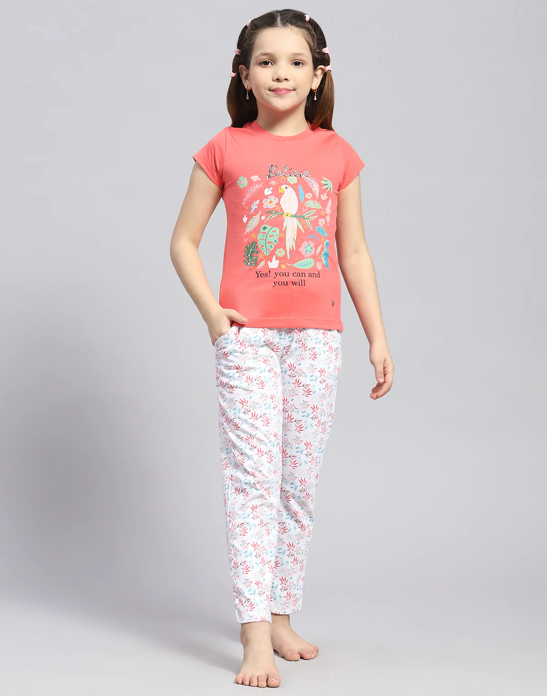 Girls Coral Printed Round Neck Half Sleeve Lower Set - Image 2