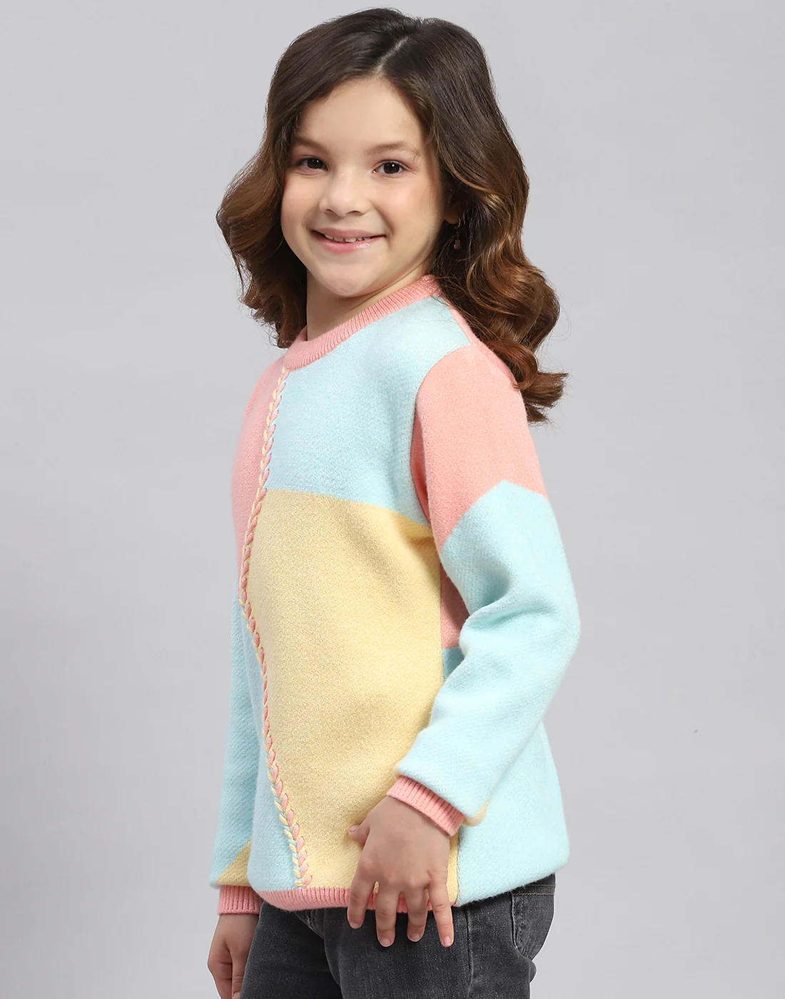 Girls Coral Self Design Round Neck Full Sleeve Sweater - Image 4