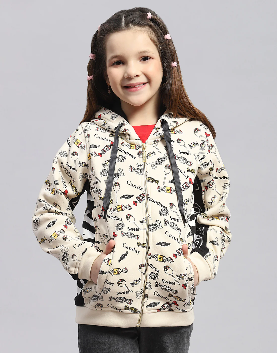 Girls Cream Printed Hooded Full Sleeve Sweatshirt - Image 2
