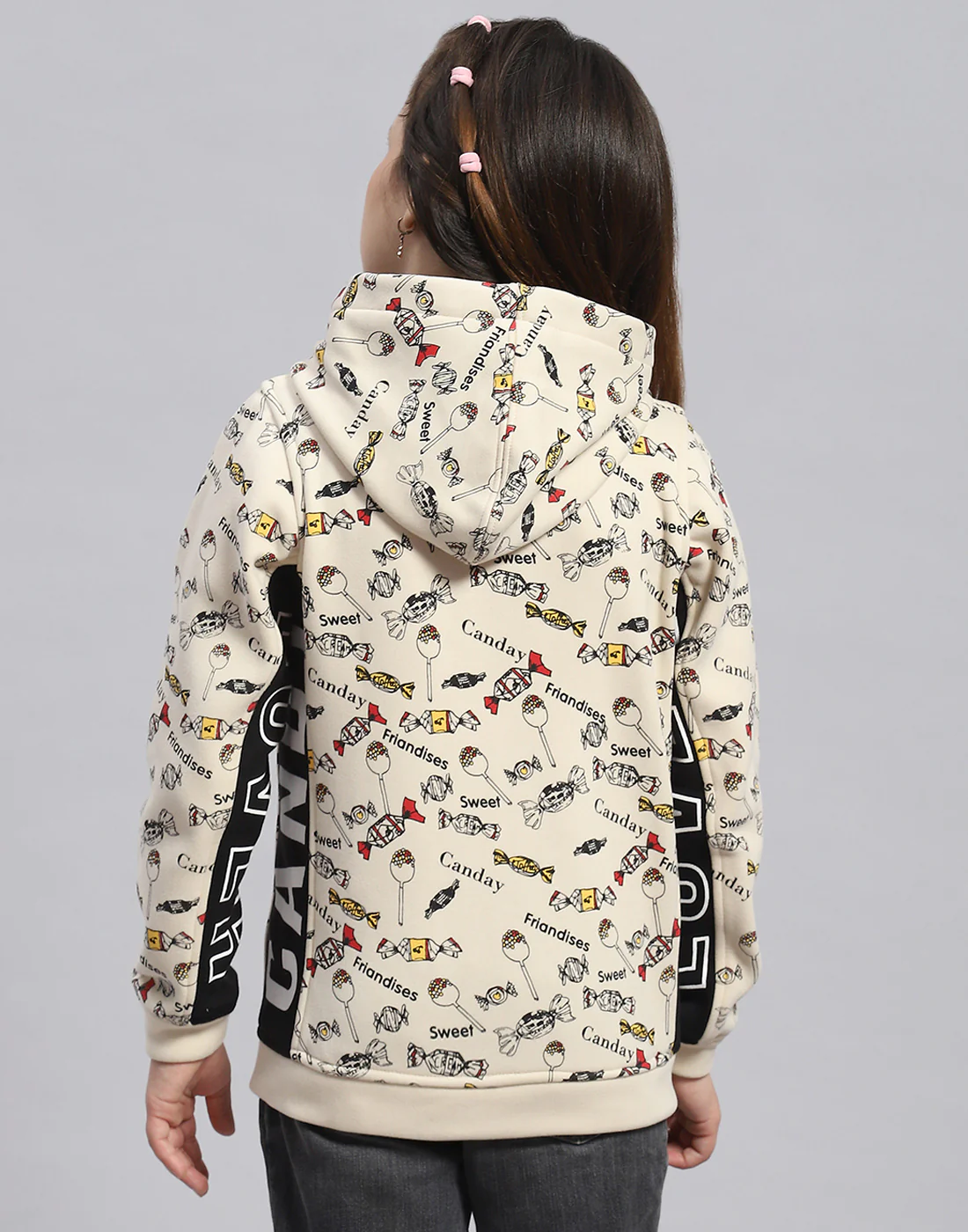 Girls Cream Printed Hooded Full Sleeve Sweatshirt - Image 5