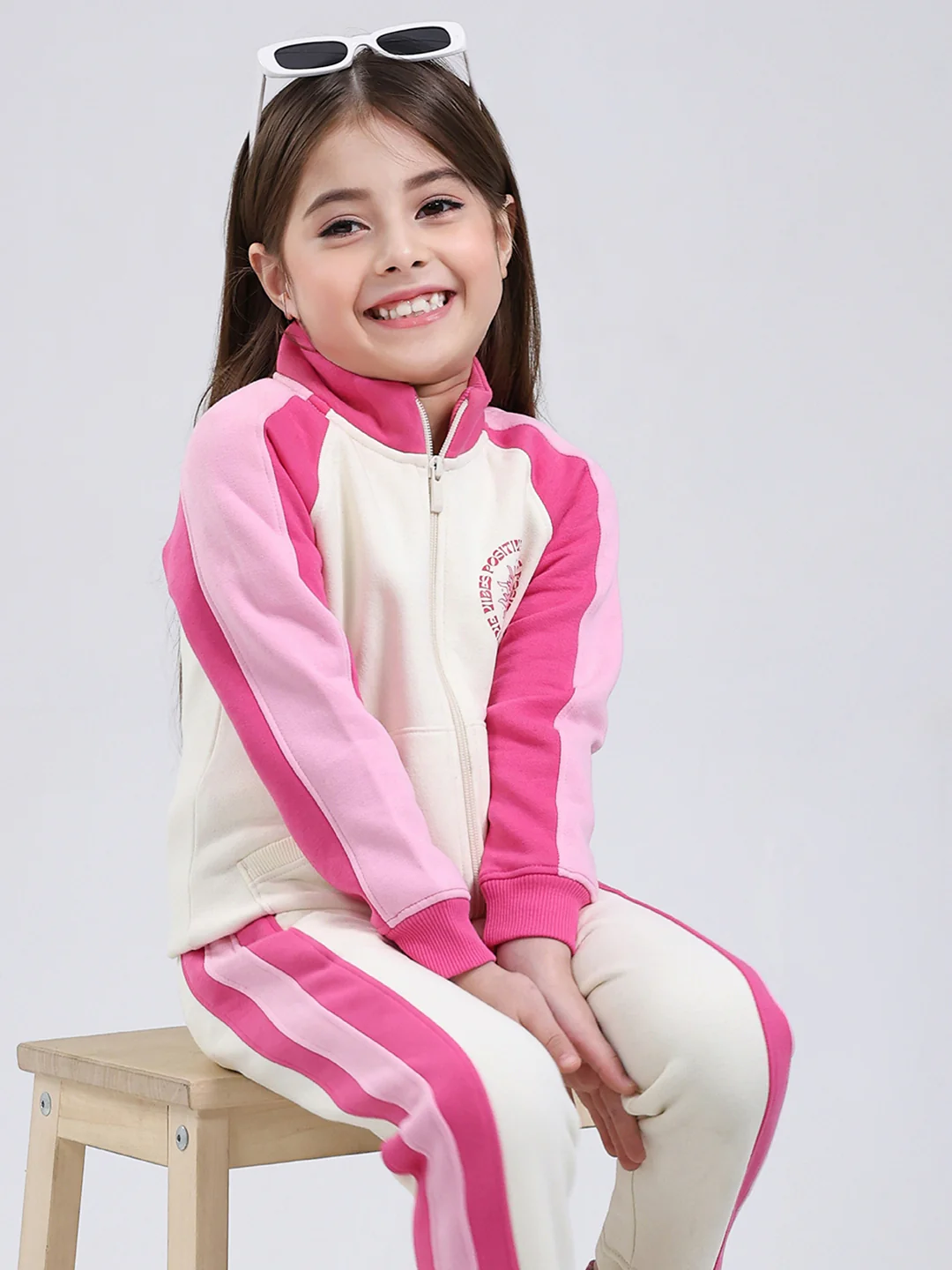Girls Cream Printed Mock Neck Full Sleeve Tracksuit - Image 6