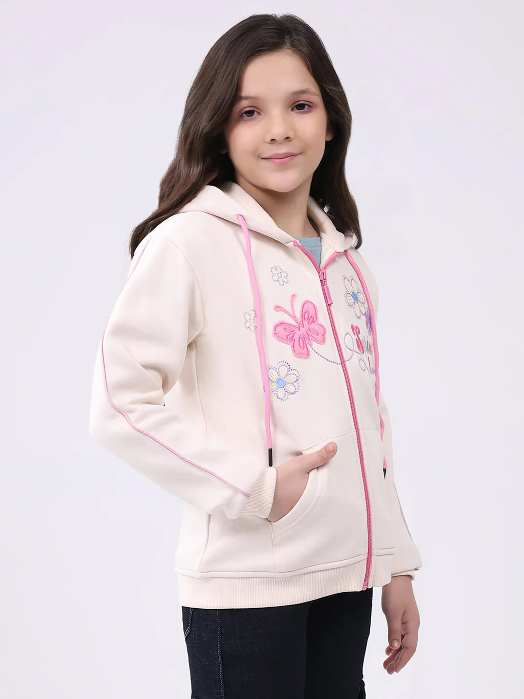 Girls Cream Self Design Hooded Full Sleeve Sweatshirt - Image 4