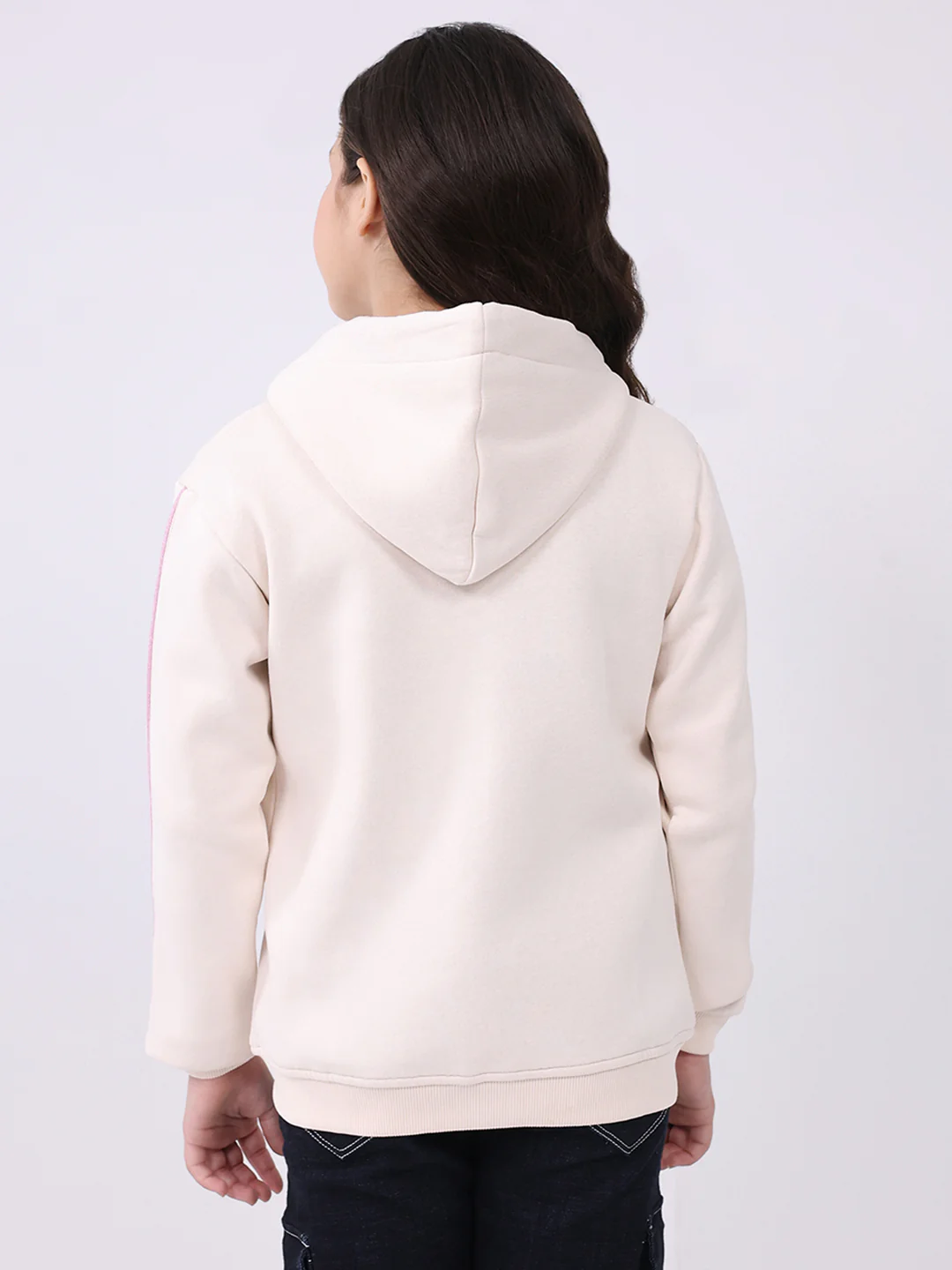 Girls Cream Self Design Hooded Full Sleeve Sweatshirt - Image 5