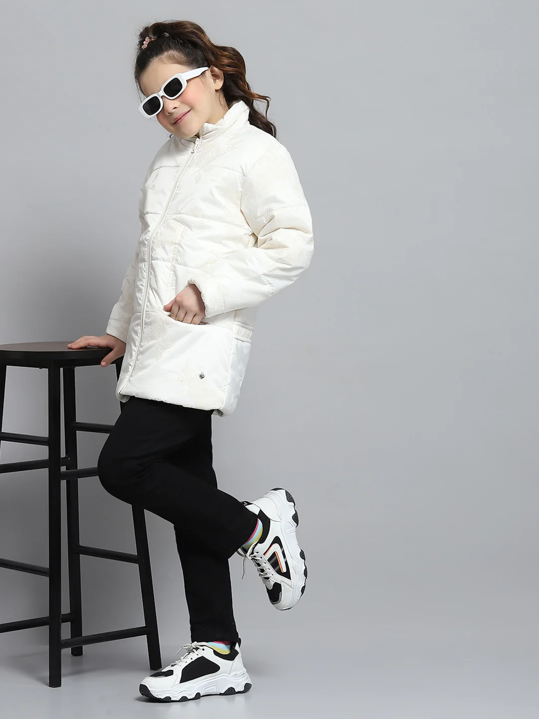 Girls Cream Self Design Mock Neck Full Sleeve Jacket - Image 2